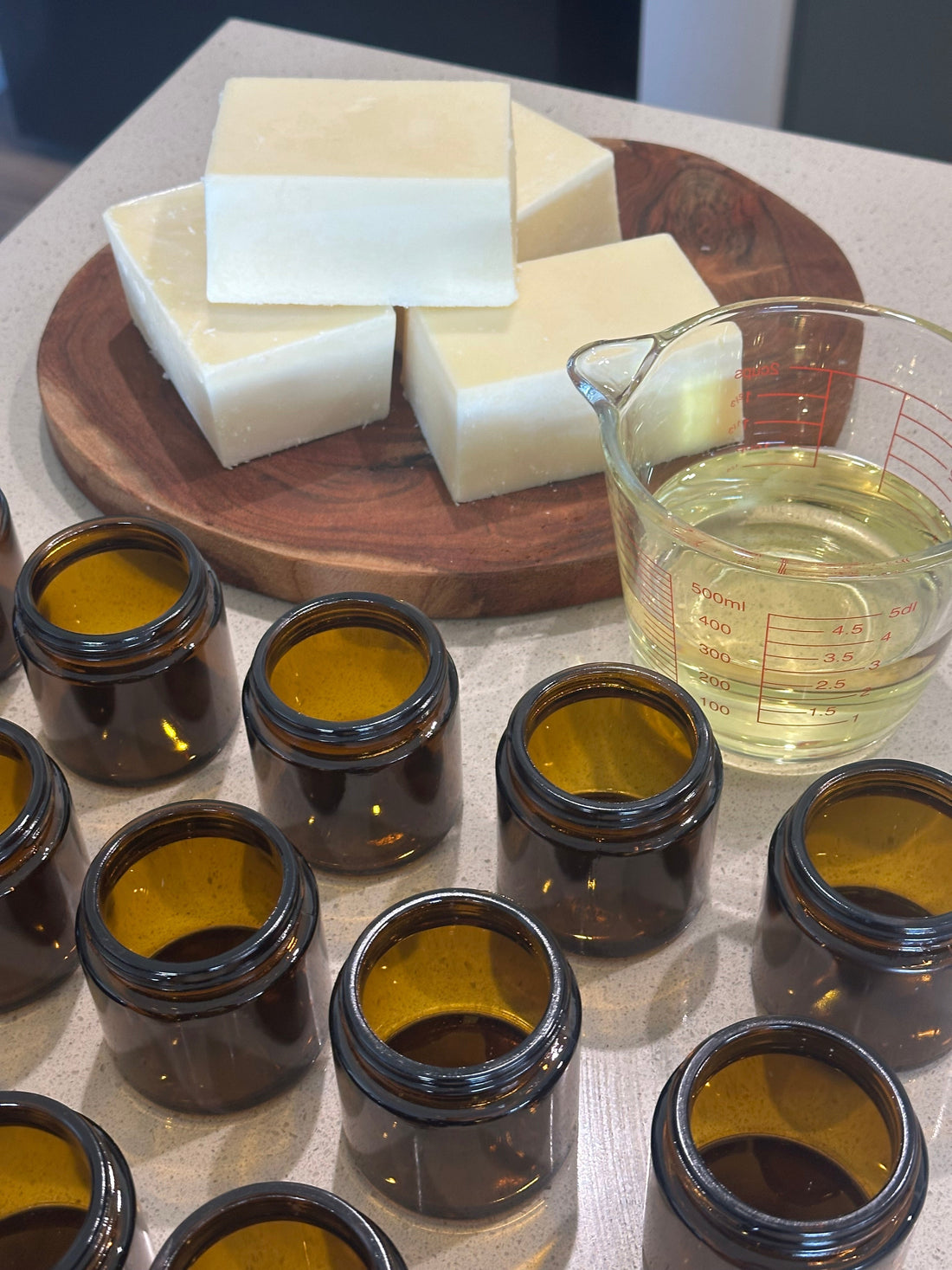 Tallow Bars, Kakadu Plum oil and amber glass jars ready for mixing